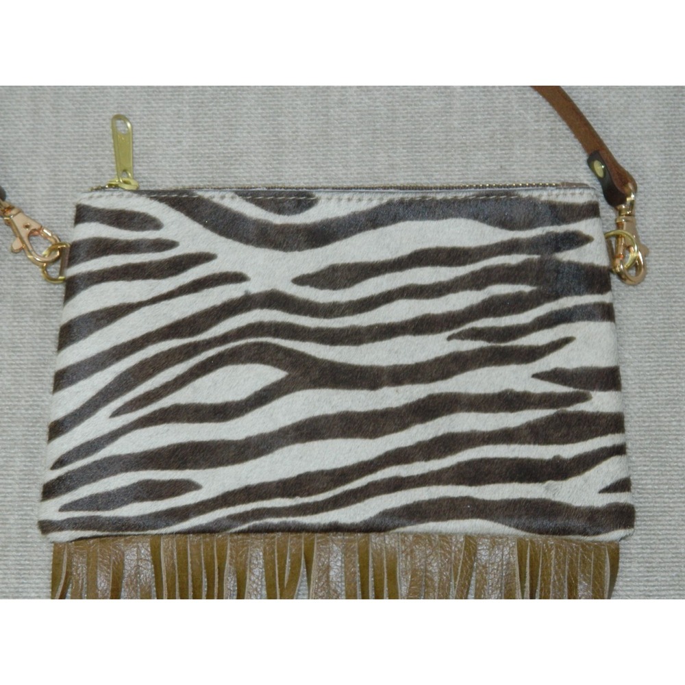 Crossbody Purse Bag Brown Zebra Cow Calf Hair Leather Fringe Crossbody USA - Picture 5 of 9